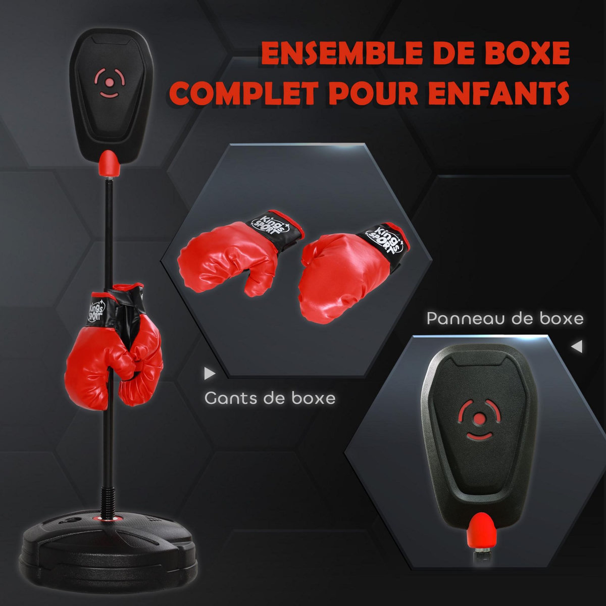 HOMCOM Punching ball enfant - sac de frappe enfant - hauteur réglable - base lestage, 2 gants inclus - rouge noir