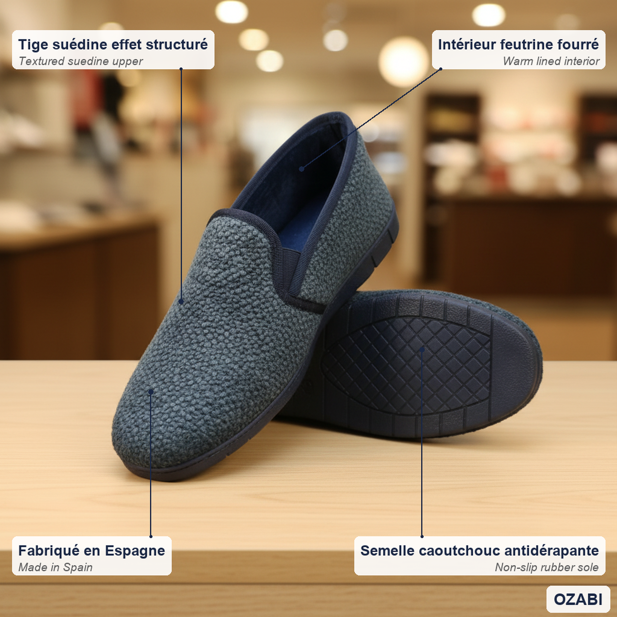 Voir la diapositive 5 : OZABI Ozabi pantoufles charentaises homme fabriquées en espagne, effet structuré
