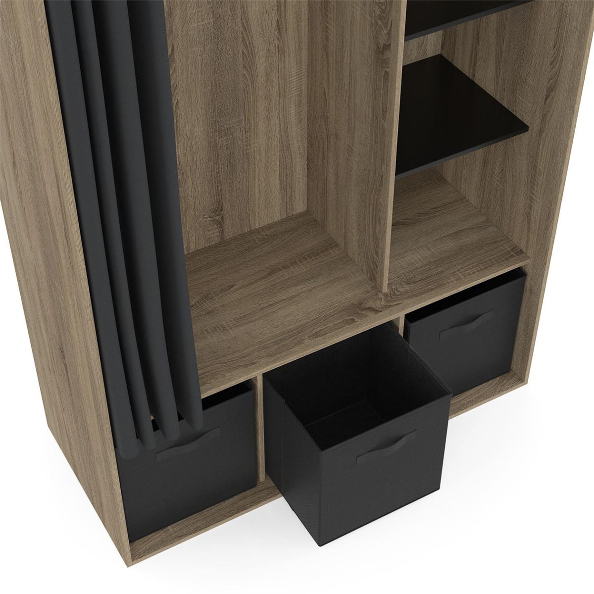 ID MARKET Dressing penderie DIANE 105 x 45 x 167 cm hêtre avec étagères + boites de rangement + rideau noir