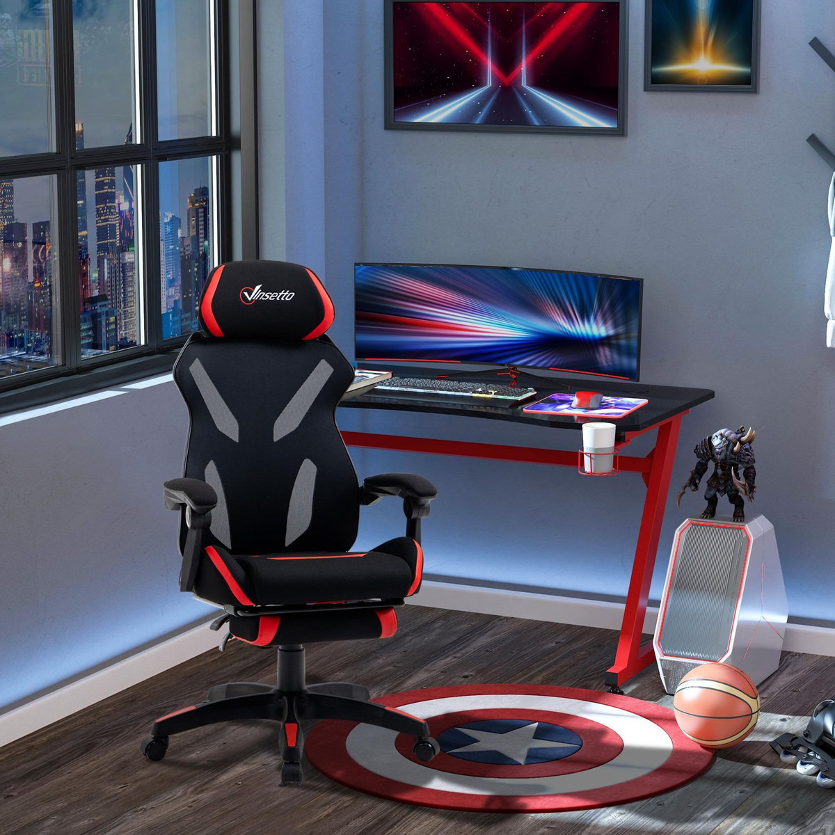 VINSETTO Vinsetto Fauteuil gaming chaise gamer réglable pivotant dossier inclinable repose-pied polyester rouge noir