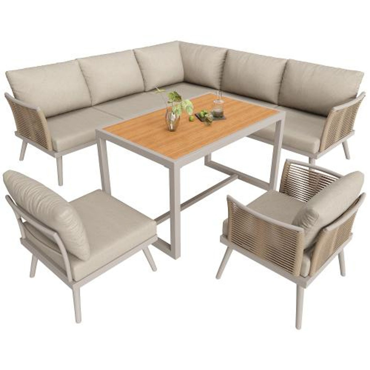 MERAX Salon de jardin repas 7 places en métal avec table, canapé d'angle et fauteuils