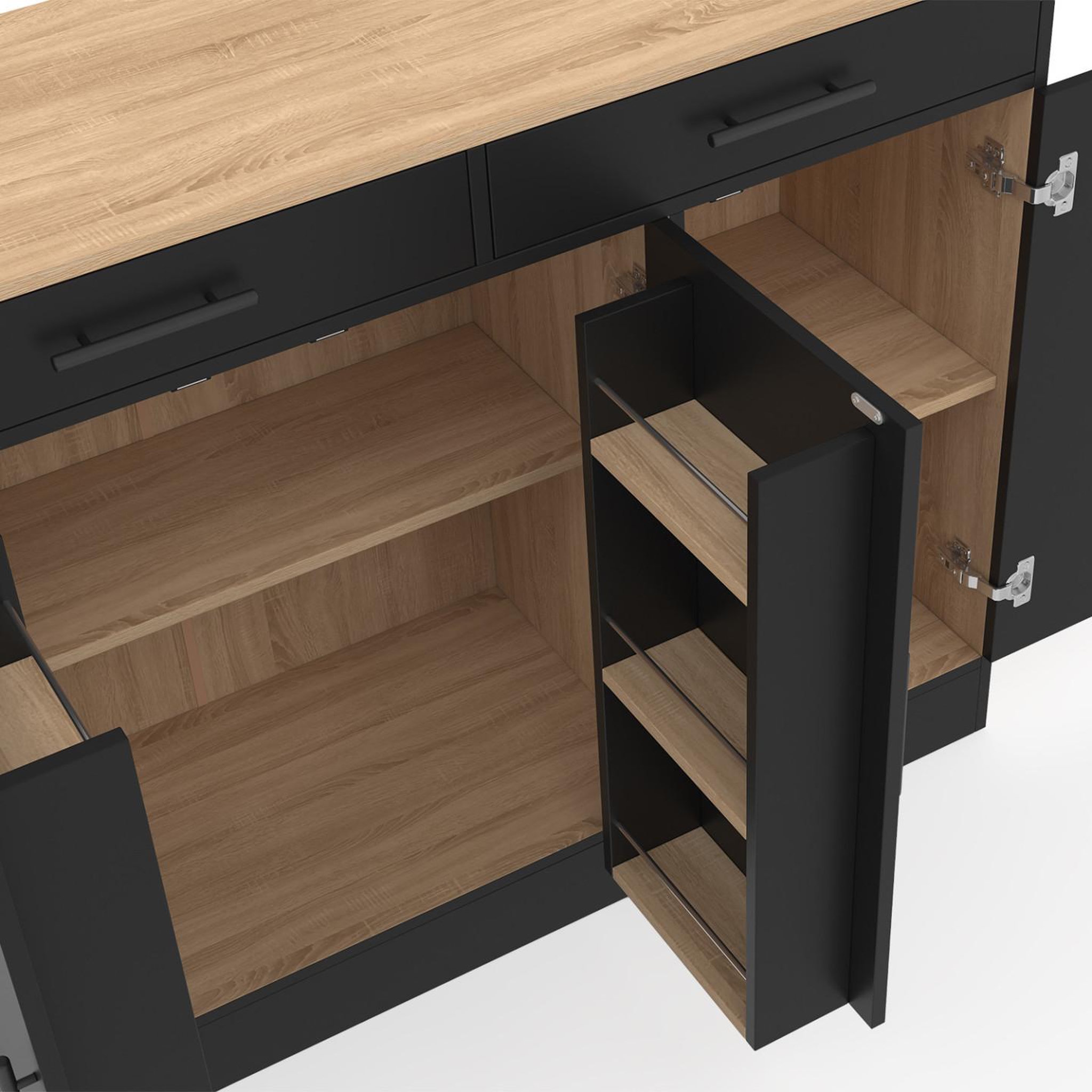 Voir la diapositive 4 : ID MARKET Buffet bas de cuisine 110 cm ALTO avec rangements façon hêtre et noir