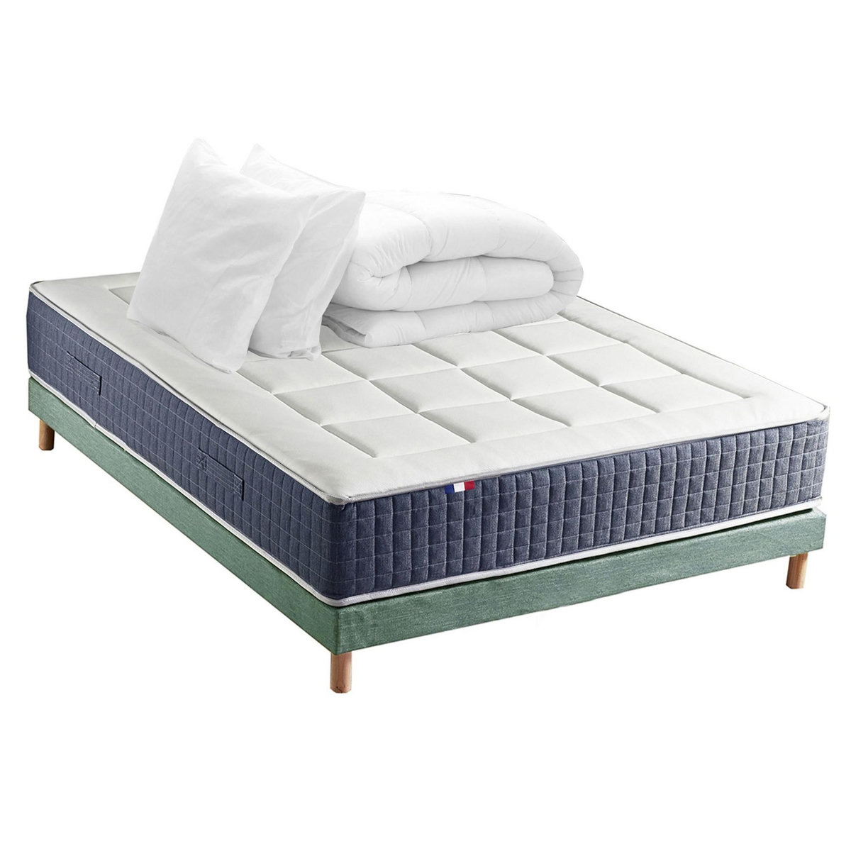IDLITERIE Ensemble Matelas Ressort 7 zones + Mémoire de forme + Sommier KING STYLE + couette + oreillers - Fabriqué en France