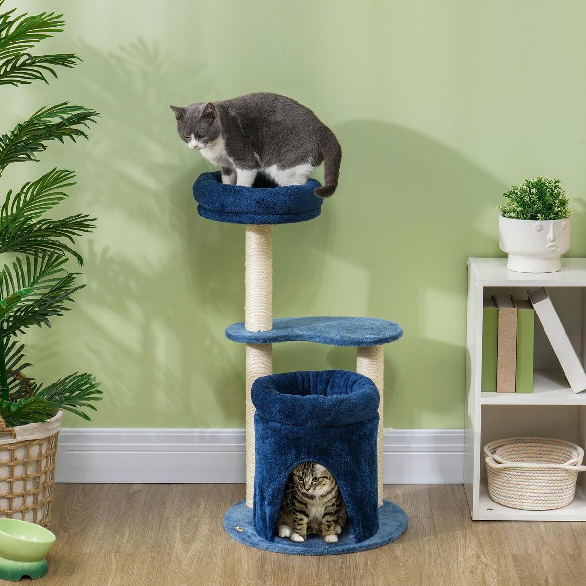 PAWHUT Arbre à chat design - niche, 2 plateformes, 2 coussins, griffoirs - peluche bleu roi