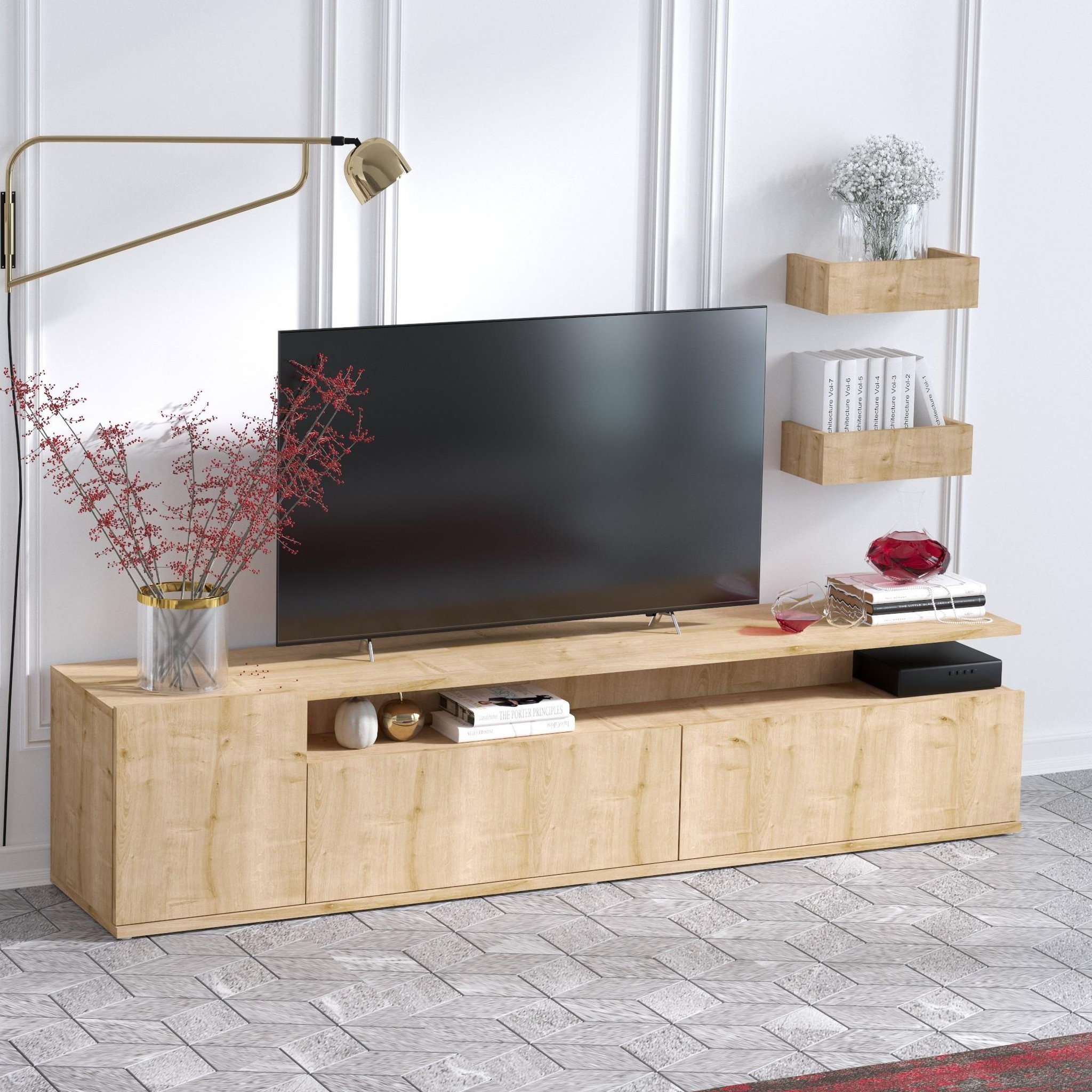 Voir la diapositive 2 : Habitat et Jardin Meuble tv en bois  alika  - 180 x 35 x 45 cm - chêne