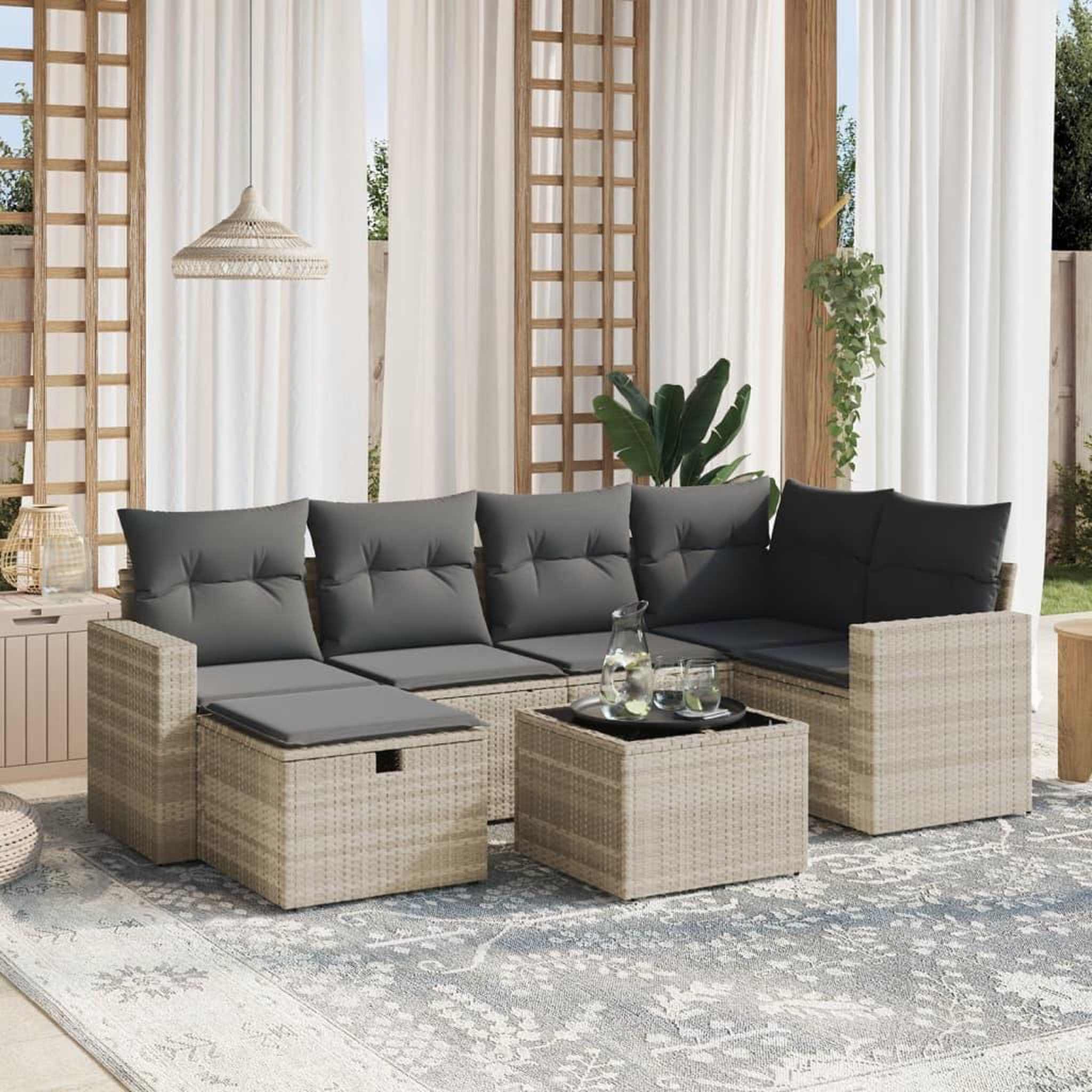 VIDAXL Salon de jardin avec coussins 7 pcs gris clair resine tressee