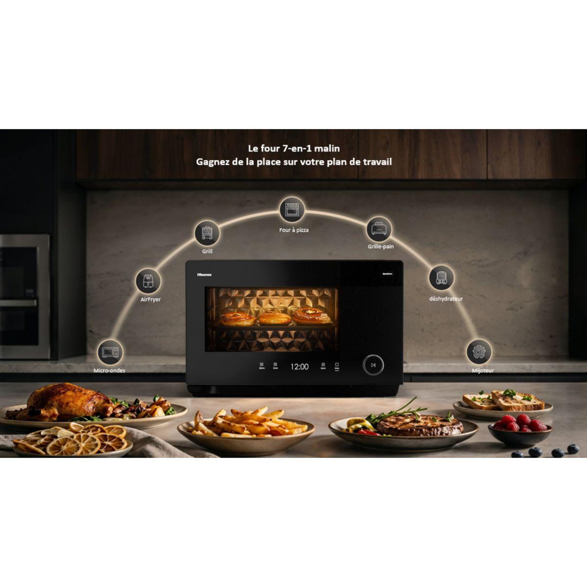 Voir la diapositive 3 : Hisense Micro ondes combiné H28S01 Speed oven 7 en 1: Airfryer, Four à pizza, Grille pain, Mijoteuse, Déshydrateur, Grill