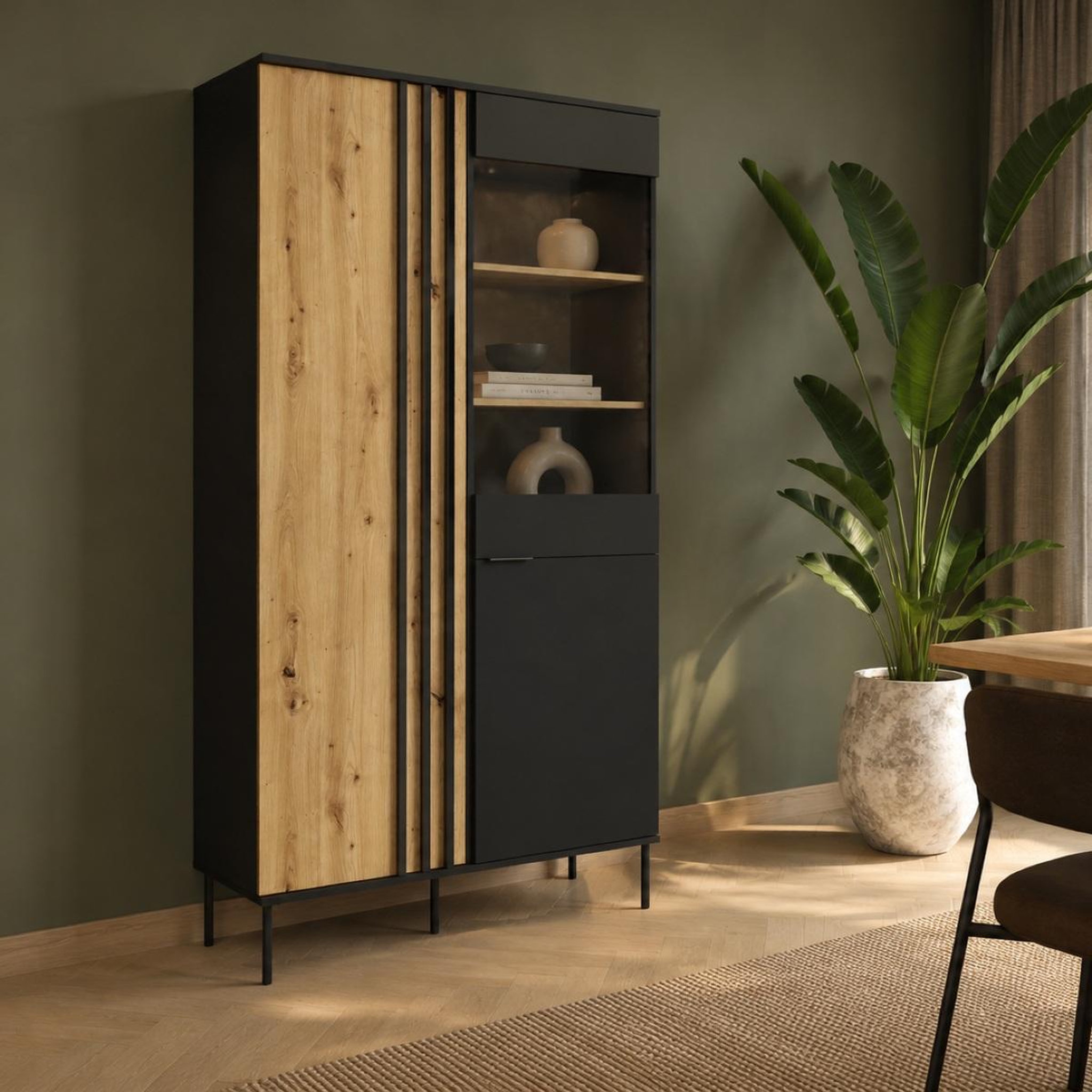 Voir la diapositive 2 : JLC KREATION Vitrine 2 portes moderne noir et bois irina