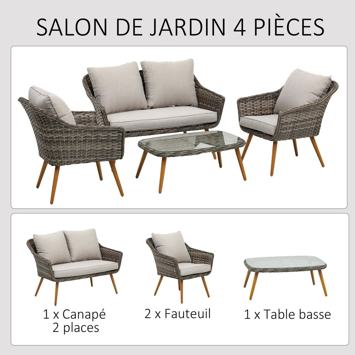 OUTSUNNY Salon de jardin 4 places 4 pièces design scandinave métal époxy résine tressée imitation rotin coussins inclus gris