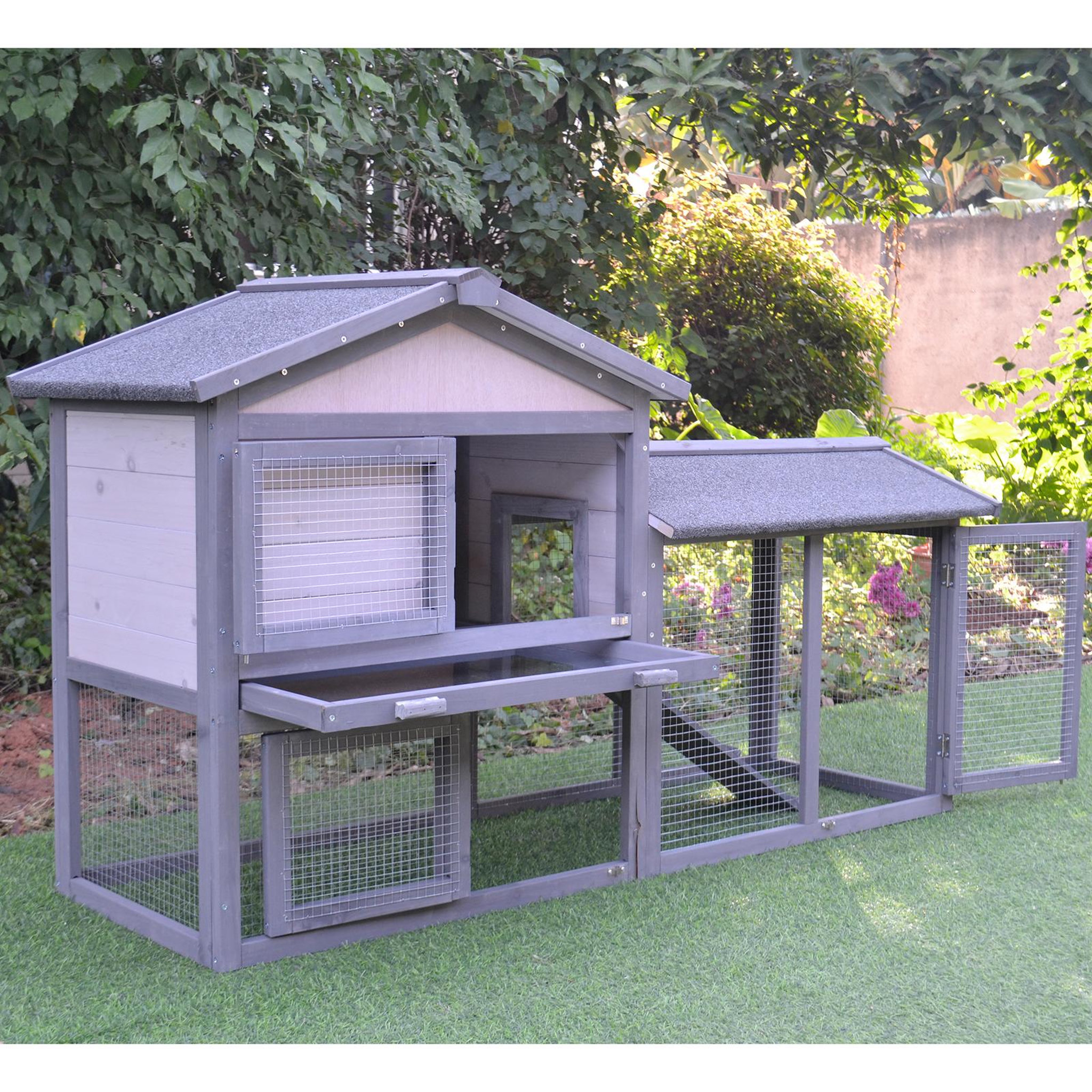 Voir la diapositive 2 : PAWHUT Clapier cage à lapins rongeurs 2 niveaux 3 portes verrouillables tiroir à déjection toit intégral bitumé 147l x 54l x 84h cm bois massif pin gris blanc
