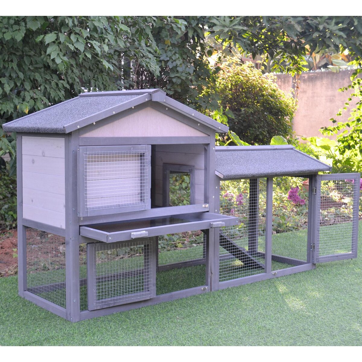 PAWHUT Clapier cage à lapins rongeurs 2 niveaux 3 portes verrouillables tiroir à déjection toit intégral bitumé 147L x 54l x 84H cm bois massif pin gris blanc