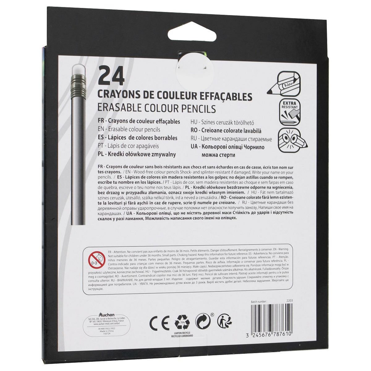 AUCHAN Etui de 24 crayons de couleur effaçables avec embout gomme