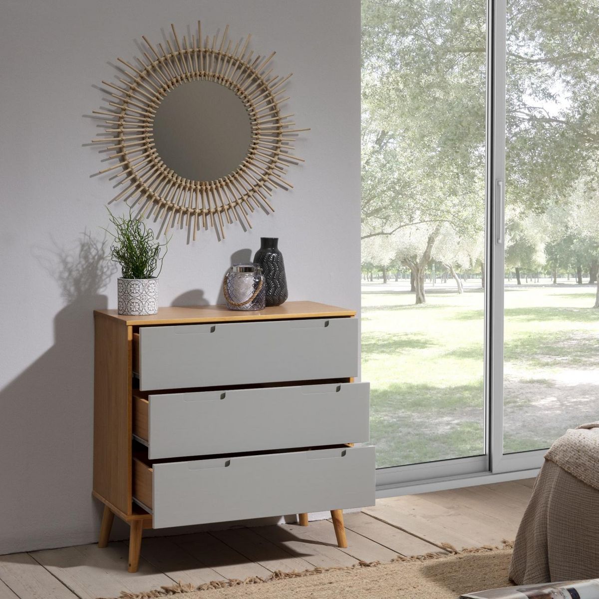 VS VENTA-STOCK Commode de nuit Bruce avec 3 tiroirs, bois massif, 80 cm Largeur