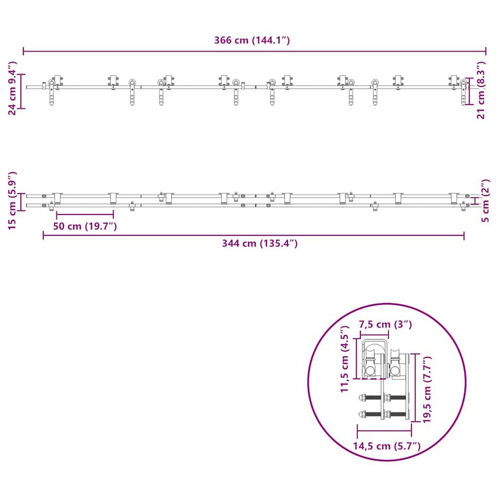 Voir la diapositive 6 : VIDAXL Kit fixation porte coulissante 366 cm Acier inoxydable Argente