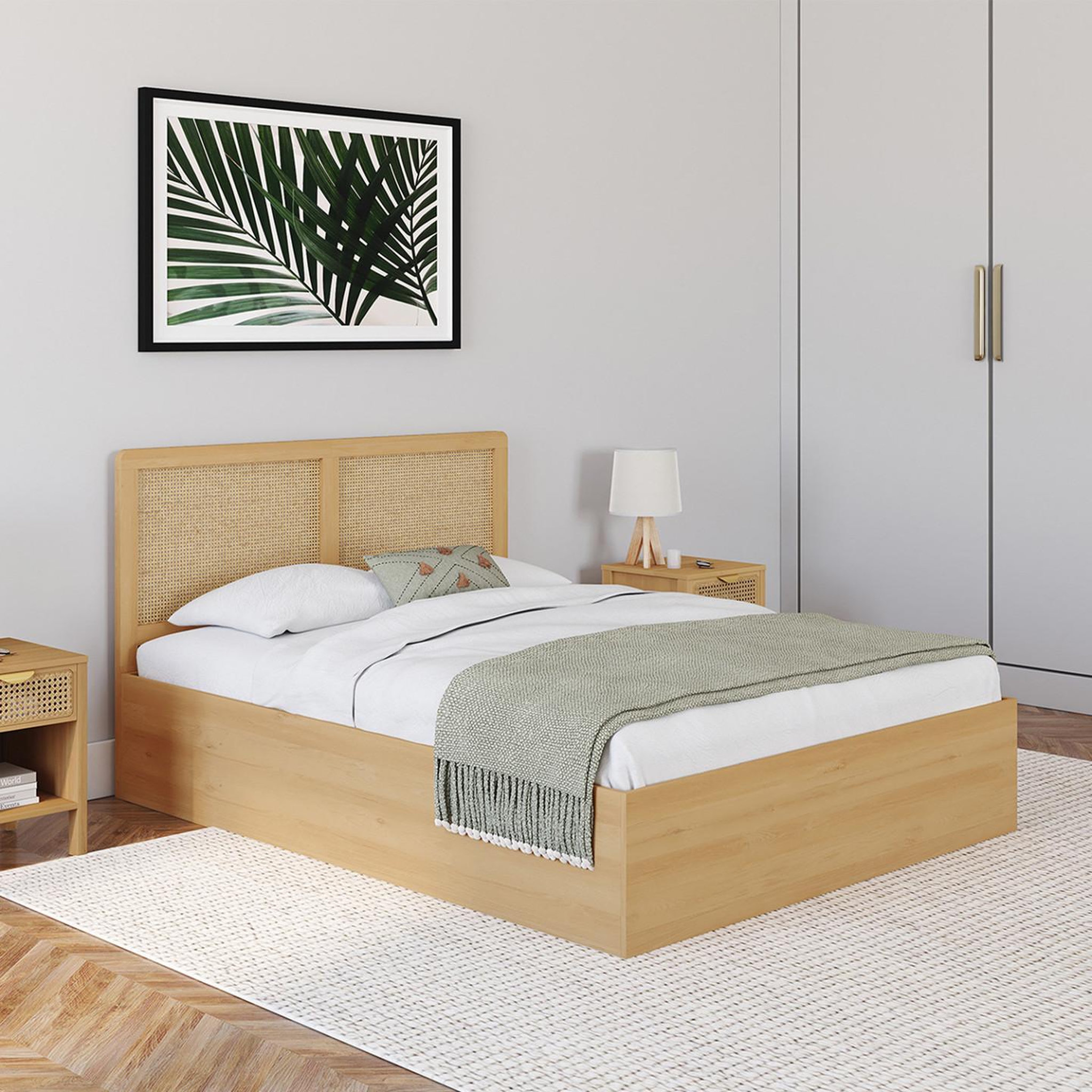 Voir la diapositive 2 : ID MARKET Lit coffre double edhen avec tête de lit cannage et sommier 140 x 190 cm coloris bois