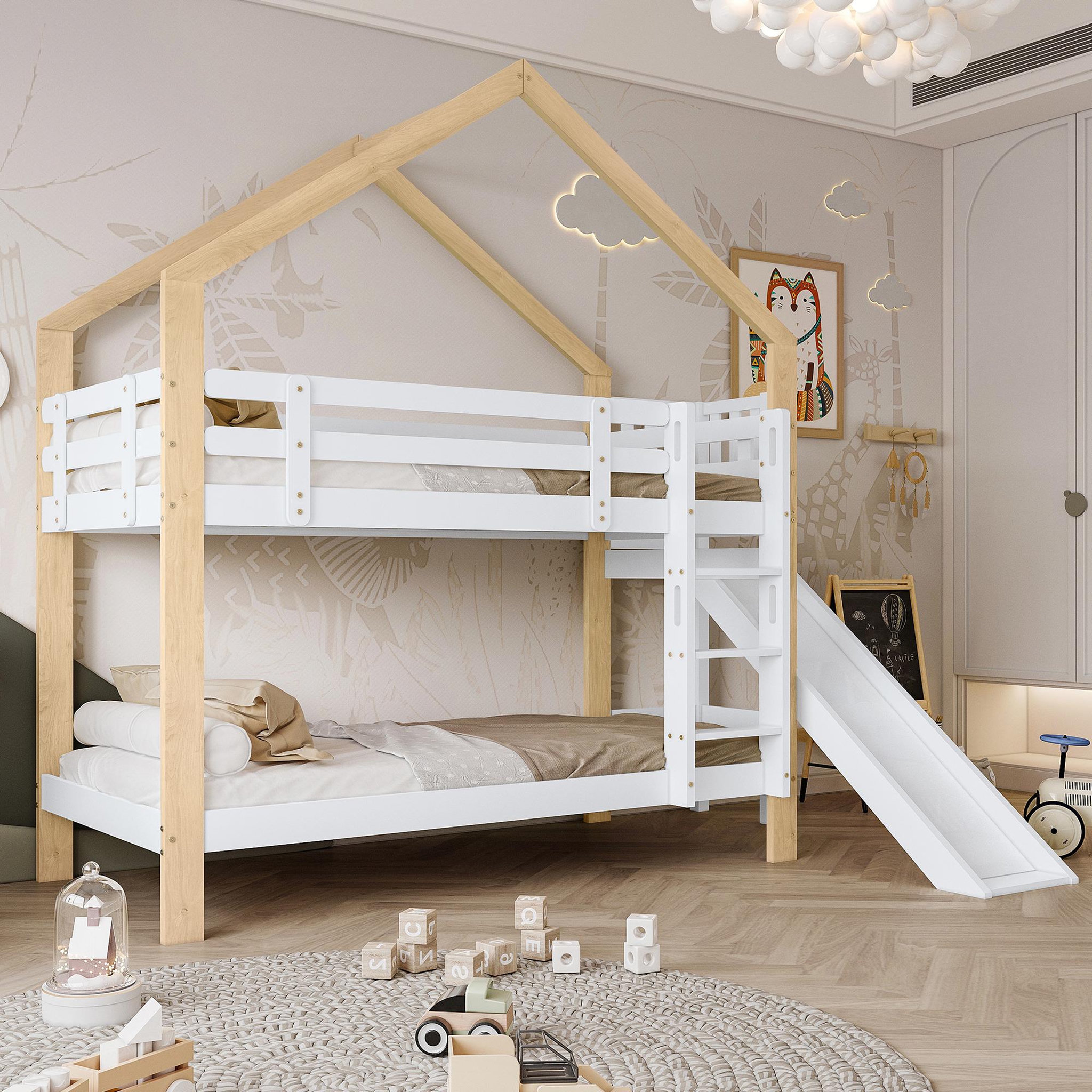 Voir la diapositive 4 : MERAX Lit superposé 90x200cm bois et mdf coloris blanc+naturel