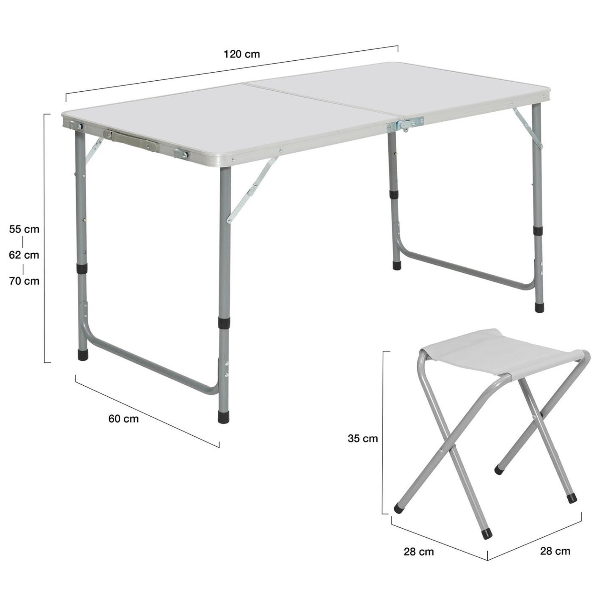 Voir la diapositive 3 : ID MARKET Table de camping pliante d'appoint 120 cm réglable en hauteur et 4 tabourets blancs