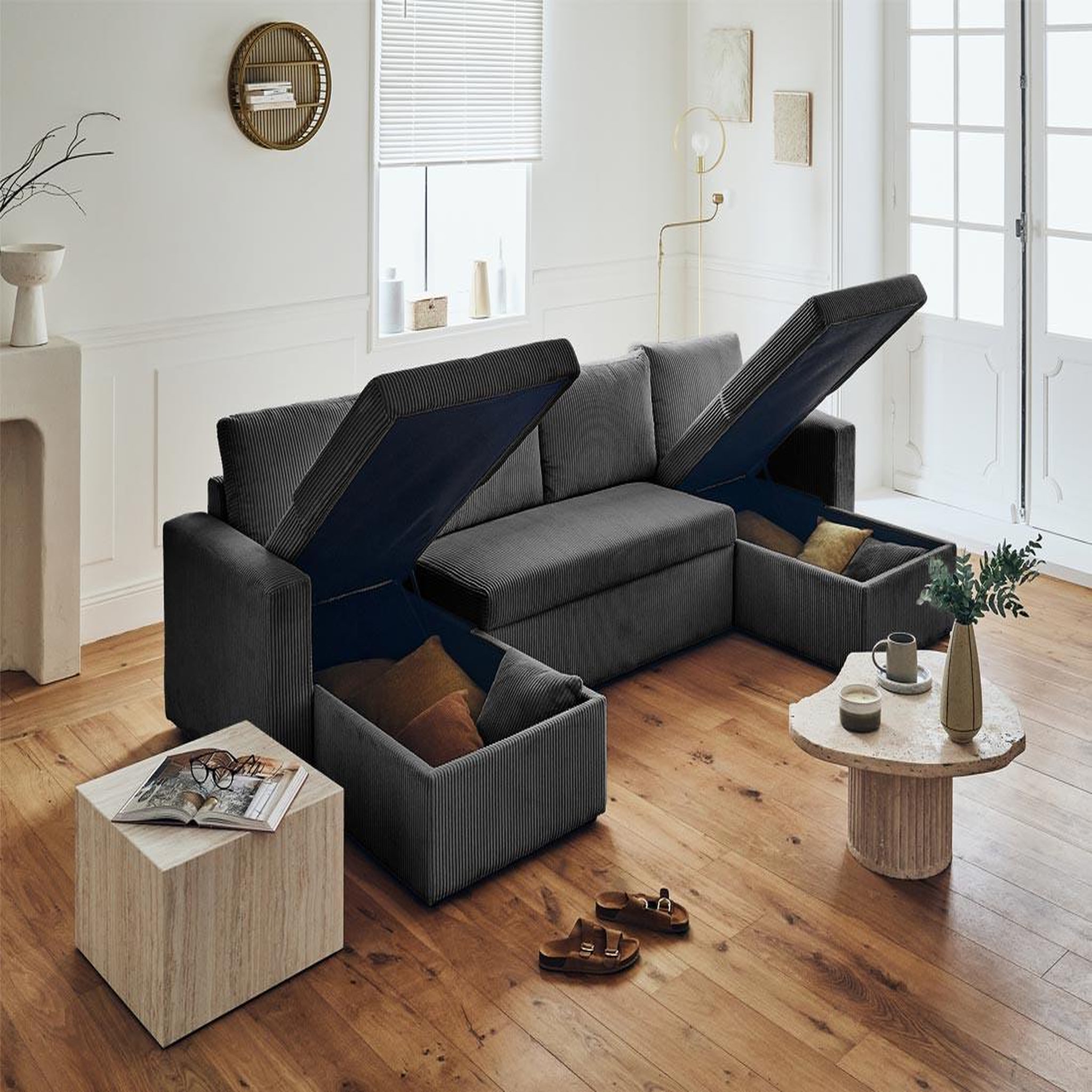 Voir la diapositive 2 : BEST MOBILIER Cyrus - canapé panoramique en u - 7 places - convertible avec coffre - en velours côtelé