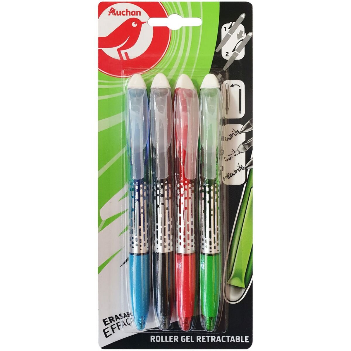 AUCHAN Lot de 4 stylos gel effaçables noir/bleu/rouge/vert