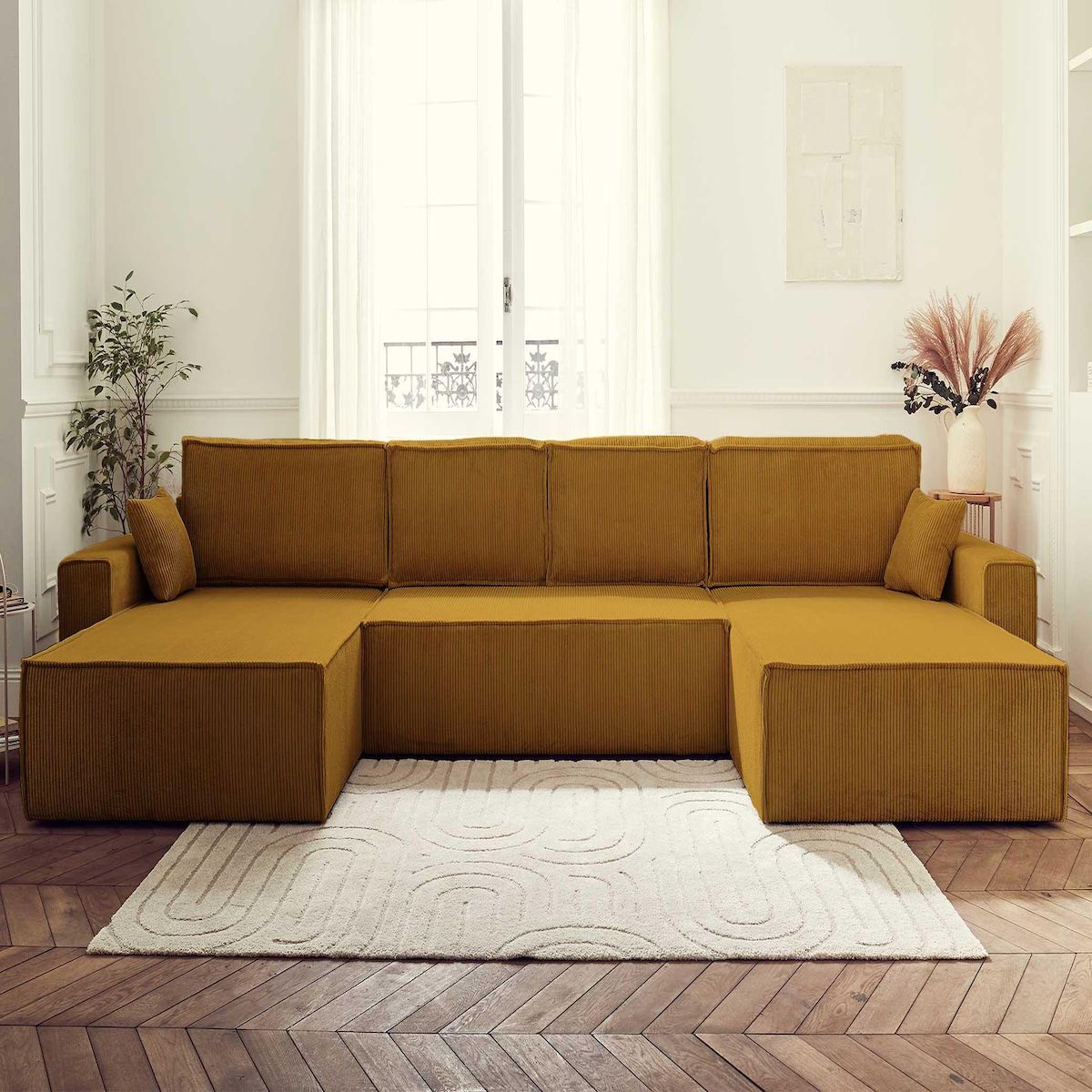 BEST MOBILIER Dellia - canapé panoramique en u - 7 places - convertible - avec coffre - en velours côtelé