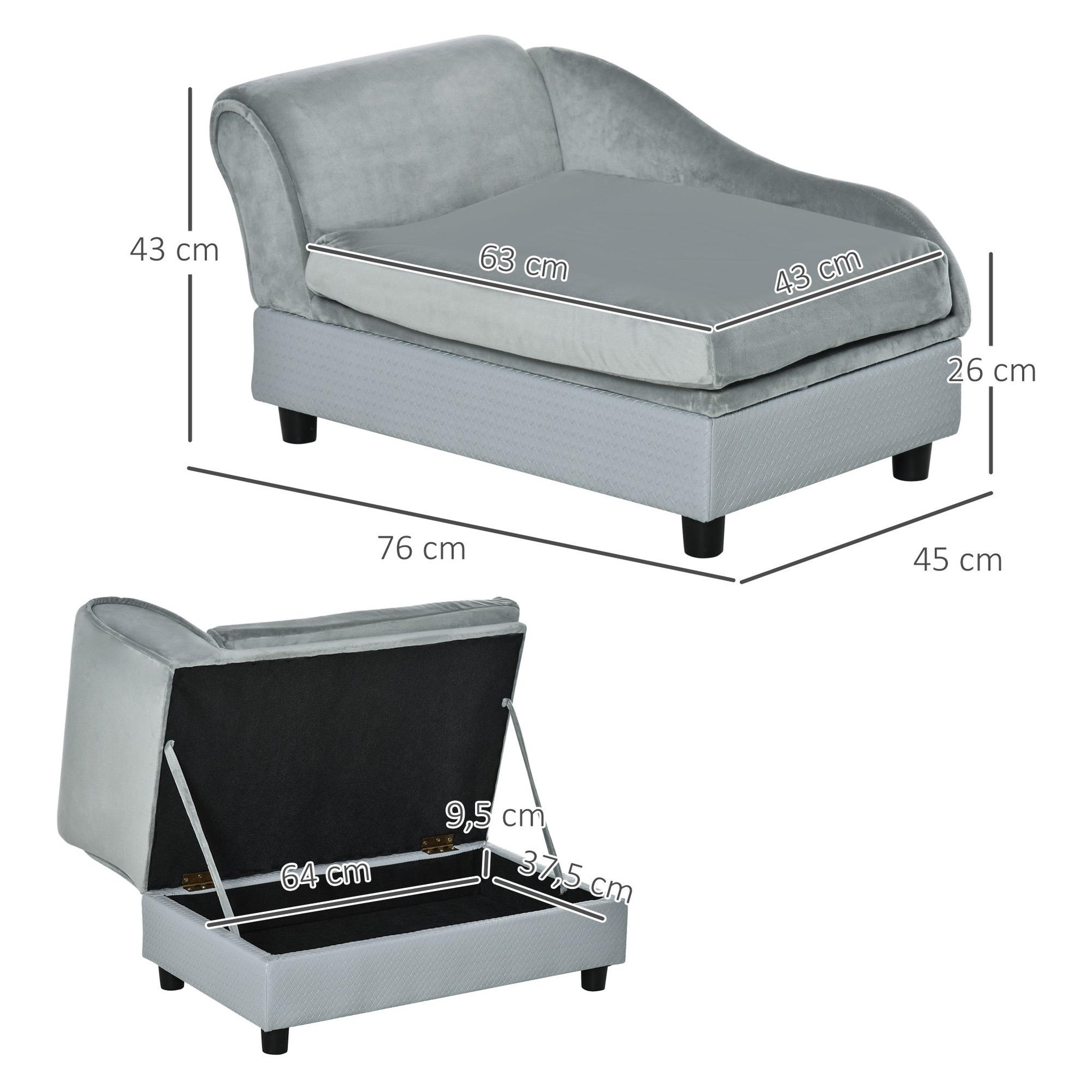 Voir la diapositive 3 : PAWHUT Canapé chien chat sur pied avec coffre de rangement style moderne coussin d'assise amovible grand confort 76 x 45 x 41,5 cm bleu