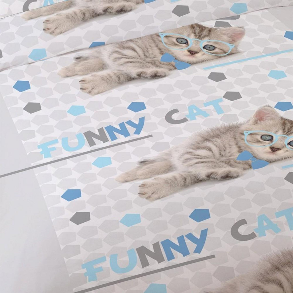 Dourev Housse de couette 200x200 Funny cat + 2 taies coton 41 fils