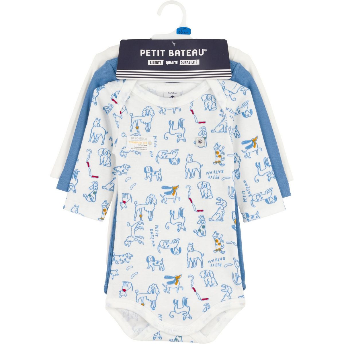 PETIT BATEAU Lot de 3 bodies manches longues chiens bébé garçon