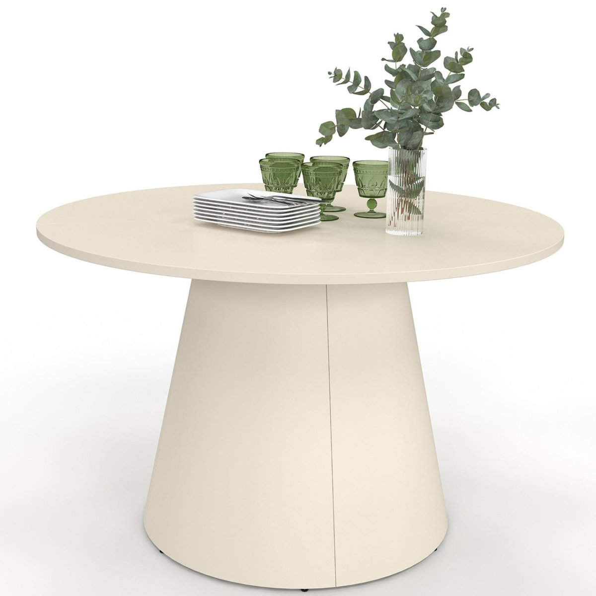 ID MARKET Table de jardin ronde AMELIA 120 CM 6 personnes avec pied central en métal beige
