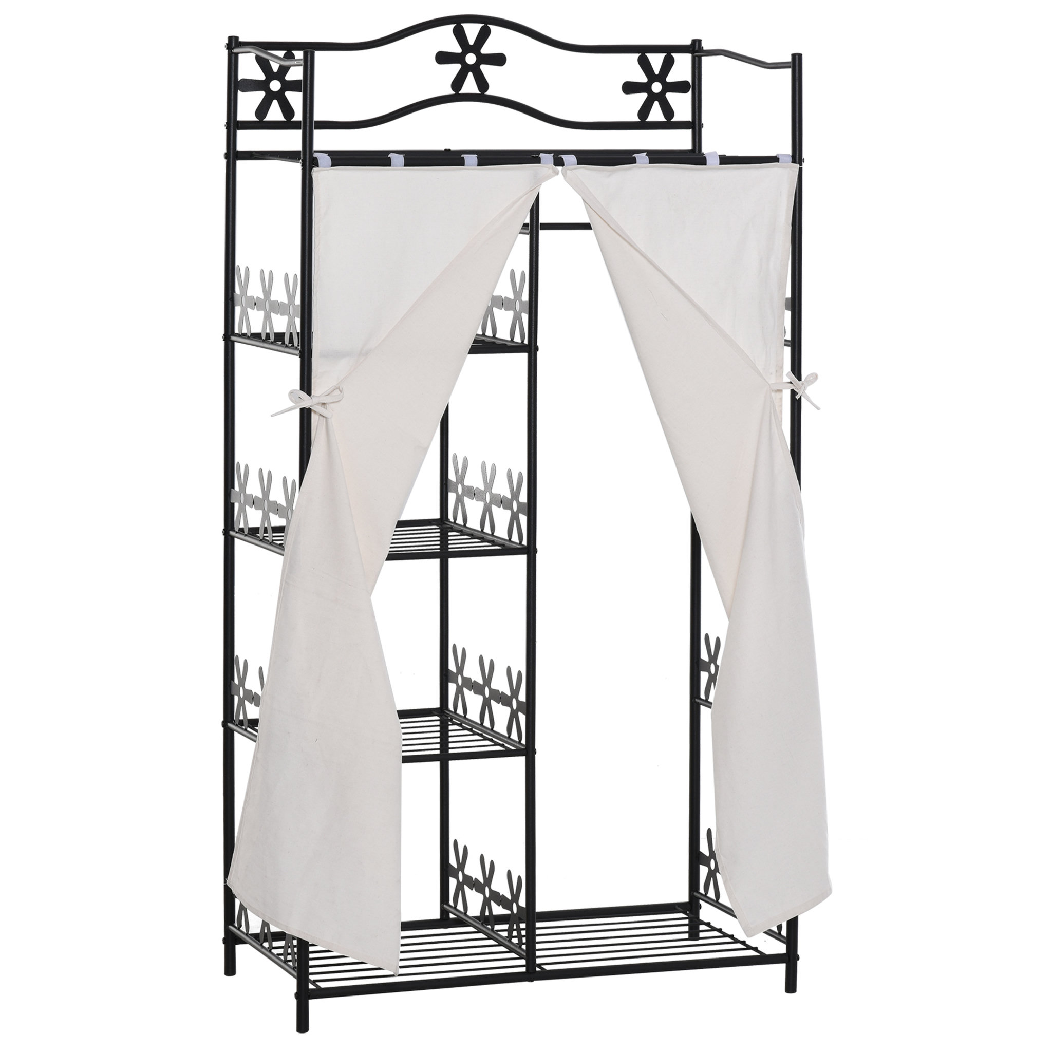 Voir la diapositive 1 : HOMCOM Armoire penderie multi-rangement - 5 étagères - dim. 84L x 42l x 158,5H cm - métal noir motif fleurs 2 rideaux blanc