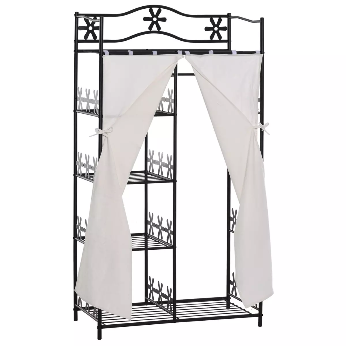 HOMCOM Armoire penderie multi-rangement - 5 étagères - dim. 84L x 42l x 158,5H cm - métal noir motif fleurs 2 rideaux blanc