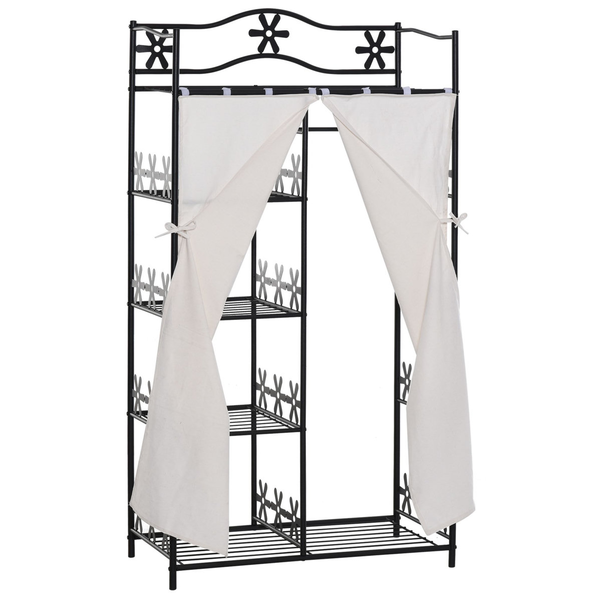 HOMCOM Armoire penderie multi-rangement - 5 étagères - dim. 84L x 42l x 158,5H cm - métal noir motif fleurs 2 rideaux blanc