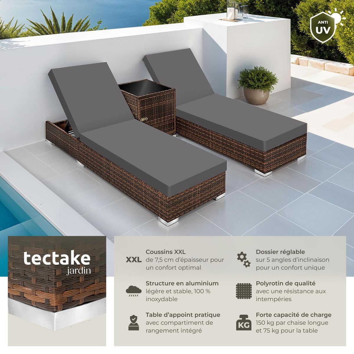 tectake Lot de 2 bains de soleil design luxueux avec cadre en aluminium marron
