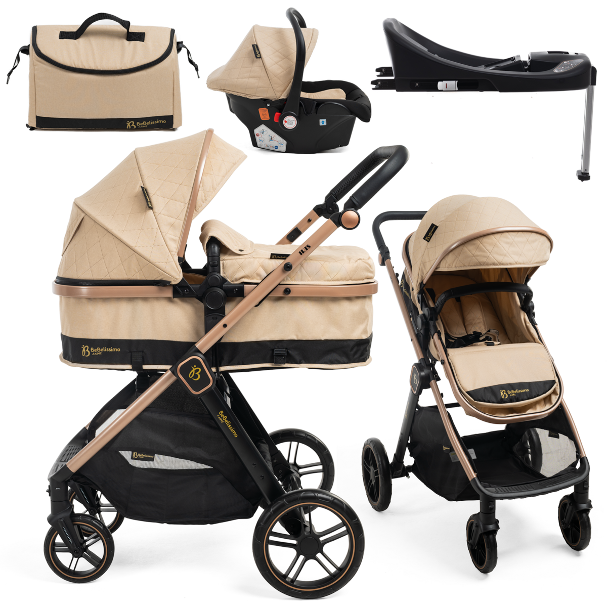 BEBELISSIMO Poussette combinée trio 3 en 1 - siège auto 0+ IRIS – nacelle – base Isofix - jambe de force – jusqu'à 22kg  - beige