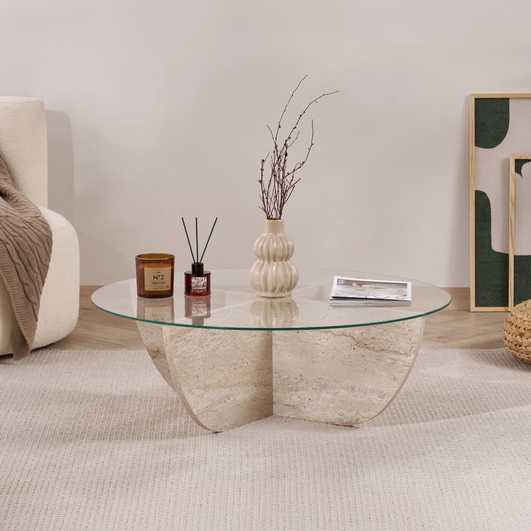 Voir la diapositive 2 : Habitat et Jardin Table basse en verre  liya  90 x 90 x 30 cm - travertin