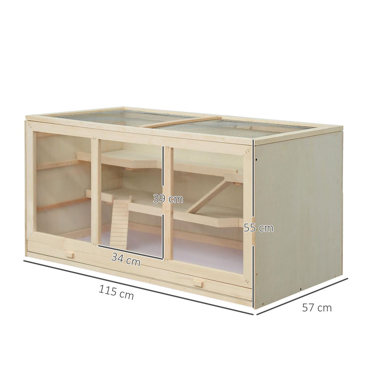 PAWHUT Cage pour hamster 2 étages dim. 115x57x55cm toit ouvrable fenêtres cabane 2 échelles plateau déjection bois