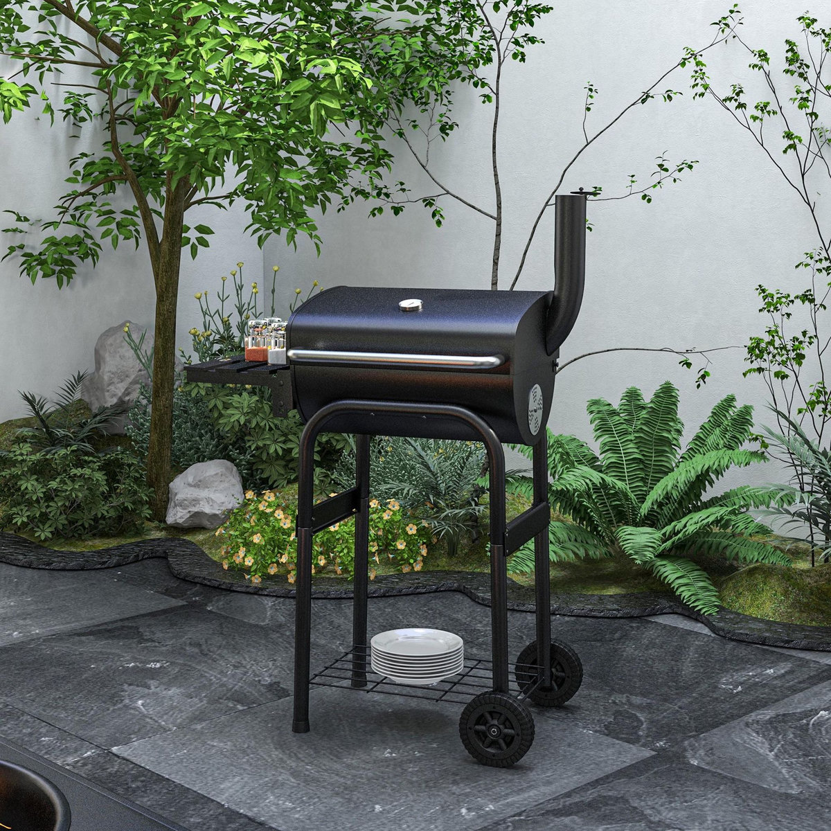 OUTSUNNY Barbecue charbon de bois avec couvercle 2 roues tablette pliable étagère cheminée thermomètre grilles acier chromée