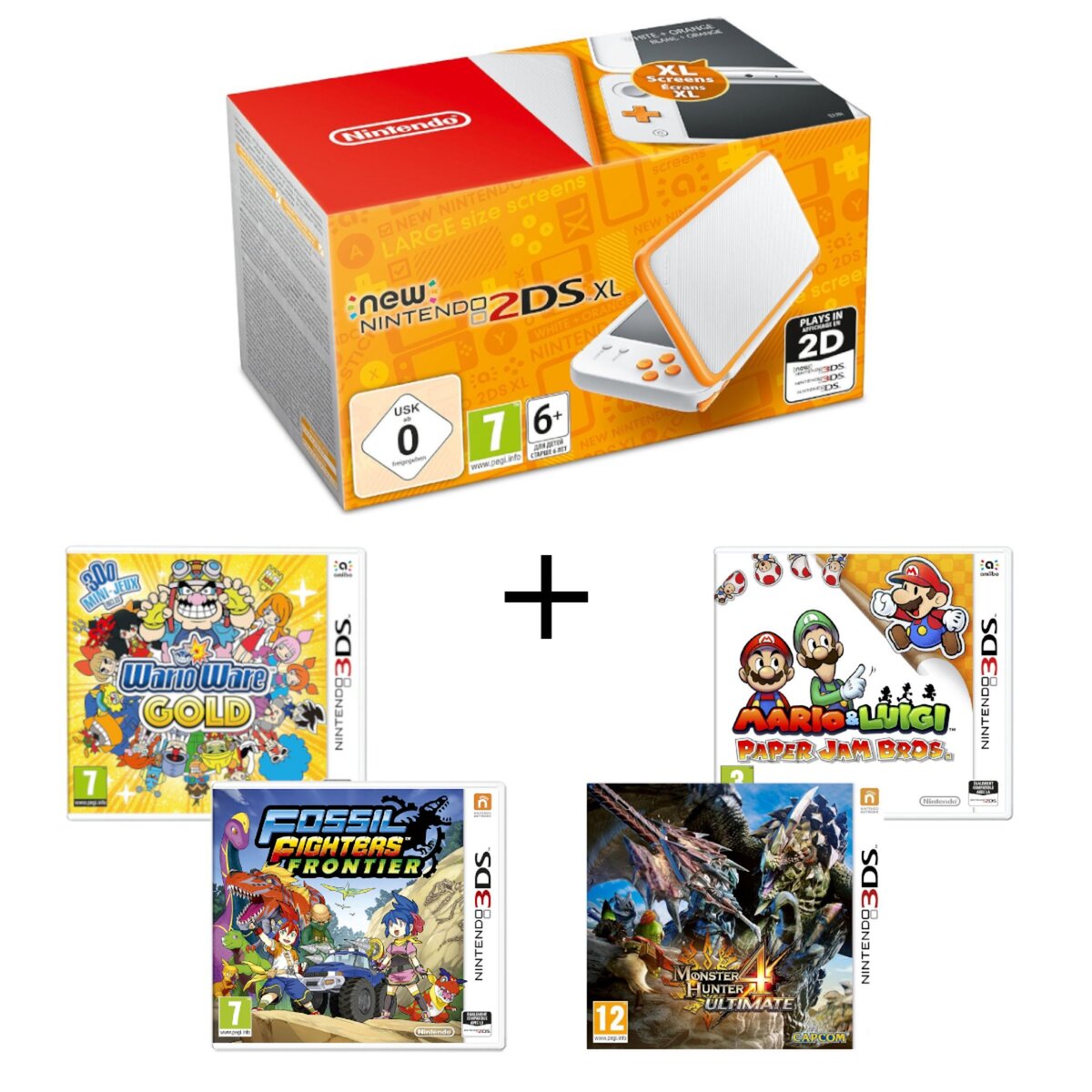 Console New 2DSXL Blanche/Orange + Warioware Gold + Monster Hunter 4 Ultimate + Fossil Fighter + Mario Paper Jam