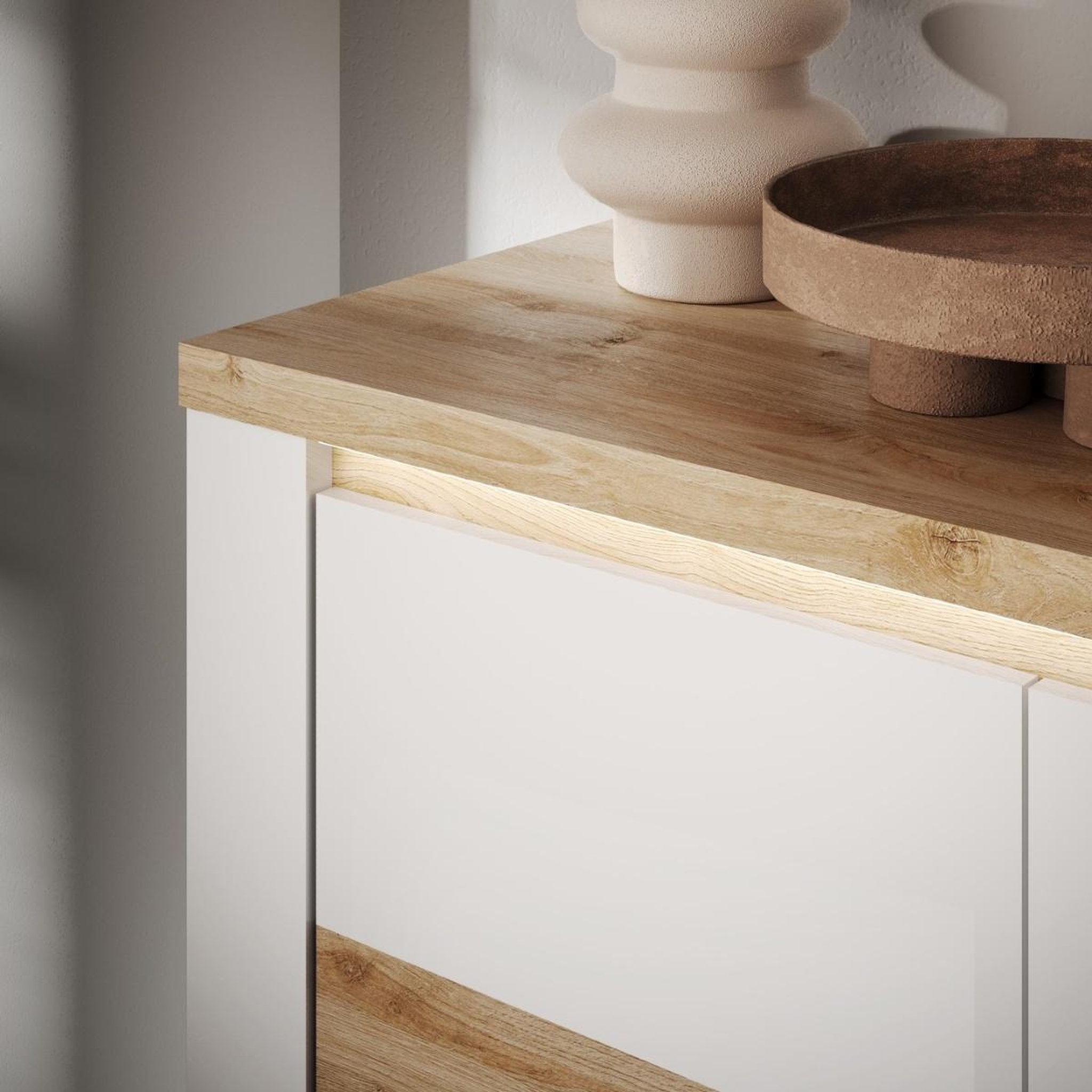 Voir la diapositive 5 : JLC KREATION Buffet moderne 4 portes laqué blanc et bois 210cm ARIA