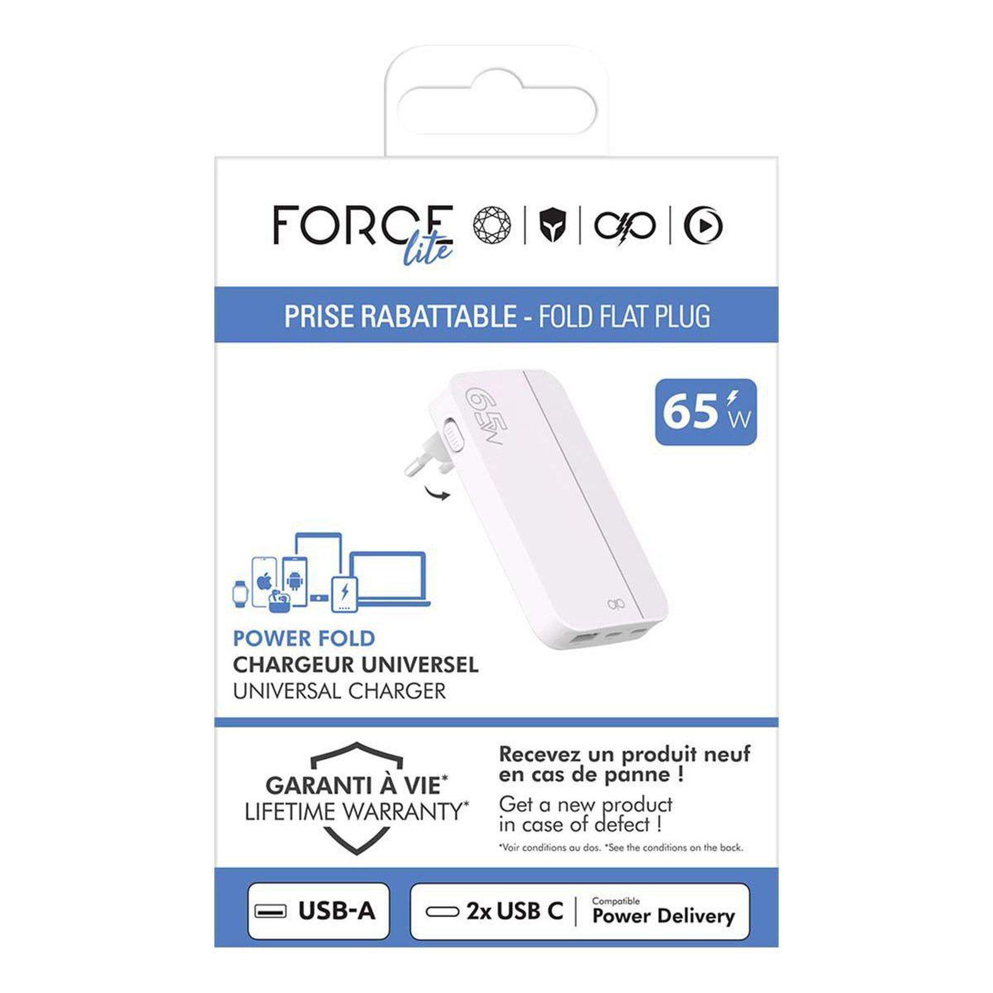 Voir la diapositive 4 : FORCE POWER Chargeur 65w usb-a + 2 usb-c gan blanc pliable
