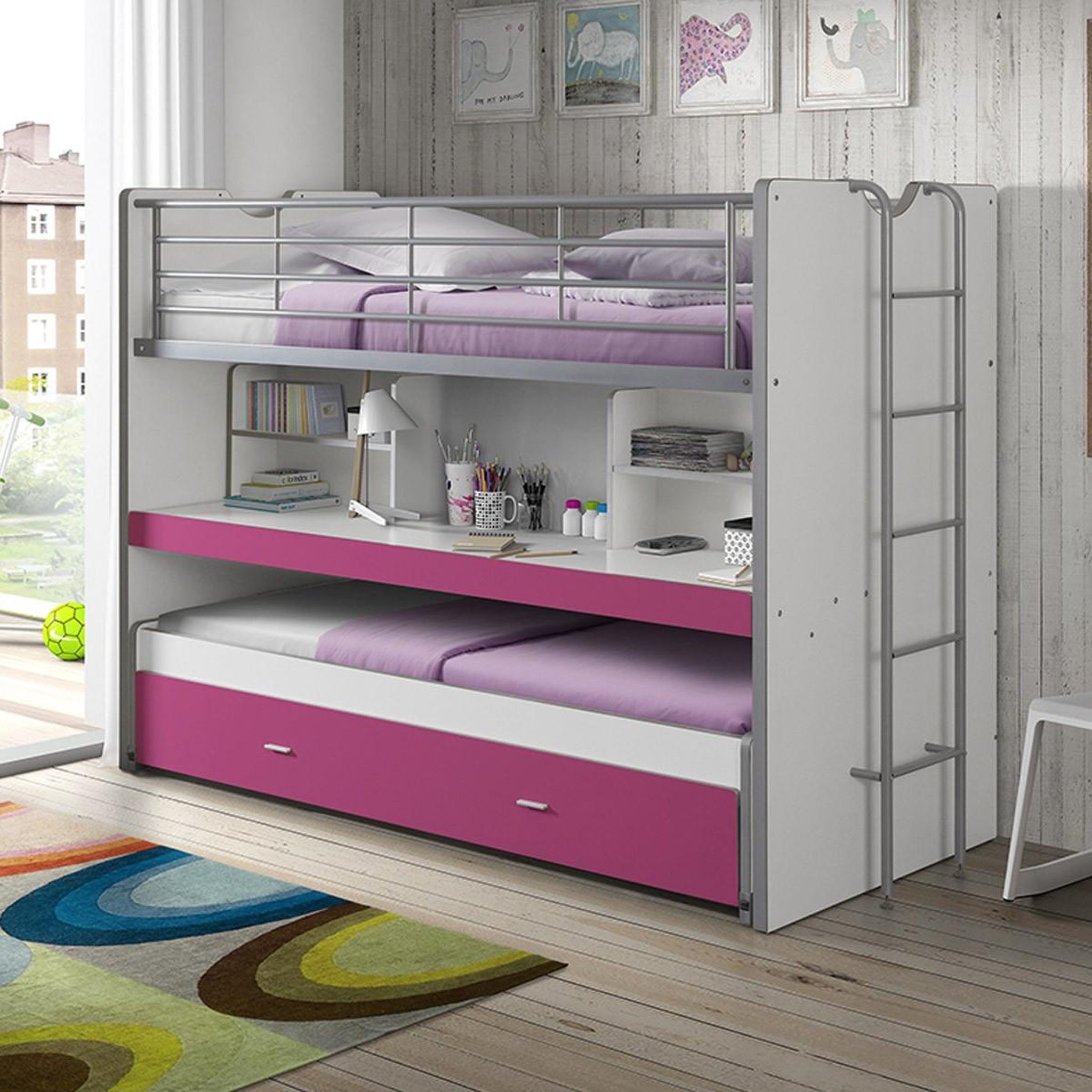 Voir la diapositive 2 : Paris Prix Lit superposé enfant  bonny  90x200cm fuchsia
