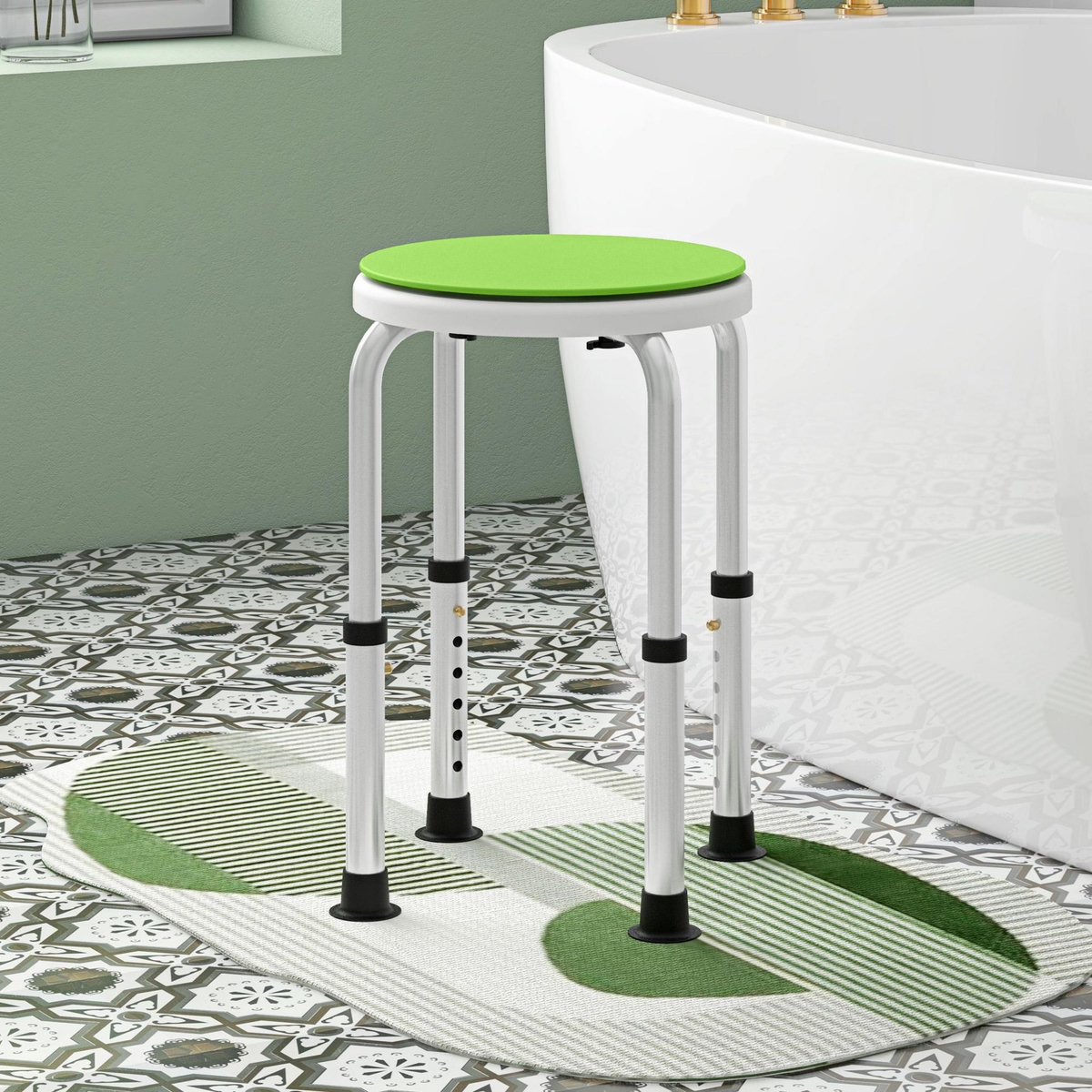 HOMCOM Tabouret de douche siège de douche - hauteur réglable, pivotant 360° - alu PP blanc vert