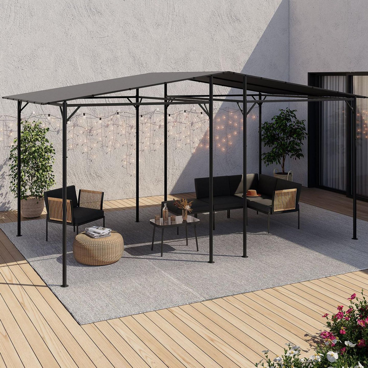ID MARKET Pergola adossée 4 pieds 2,3 x 2,4 M tonnelle de jardin en acier avec toile gris anthracite