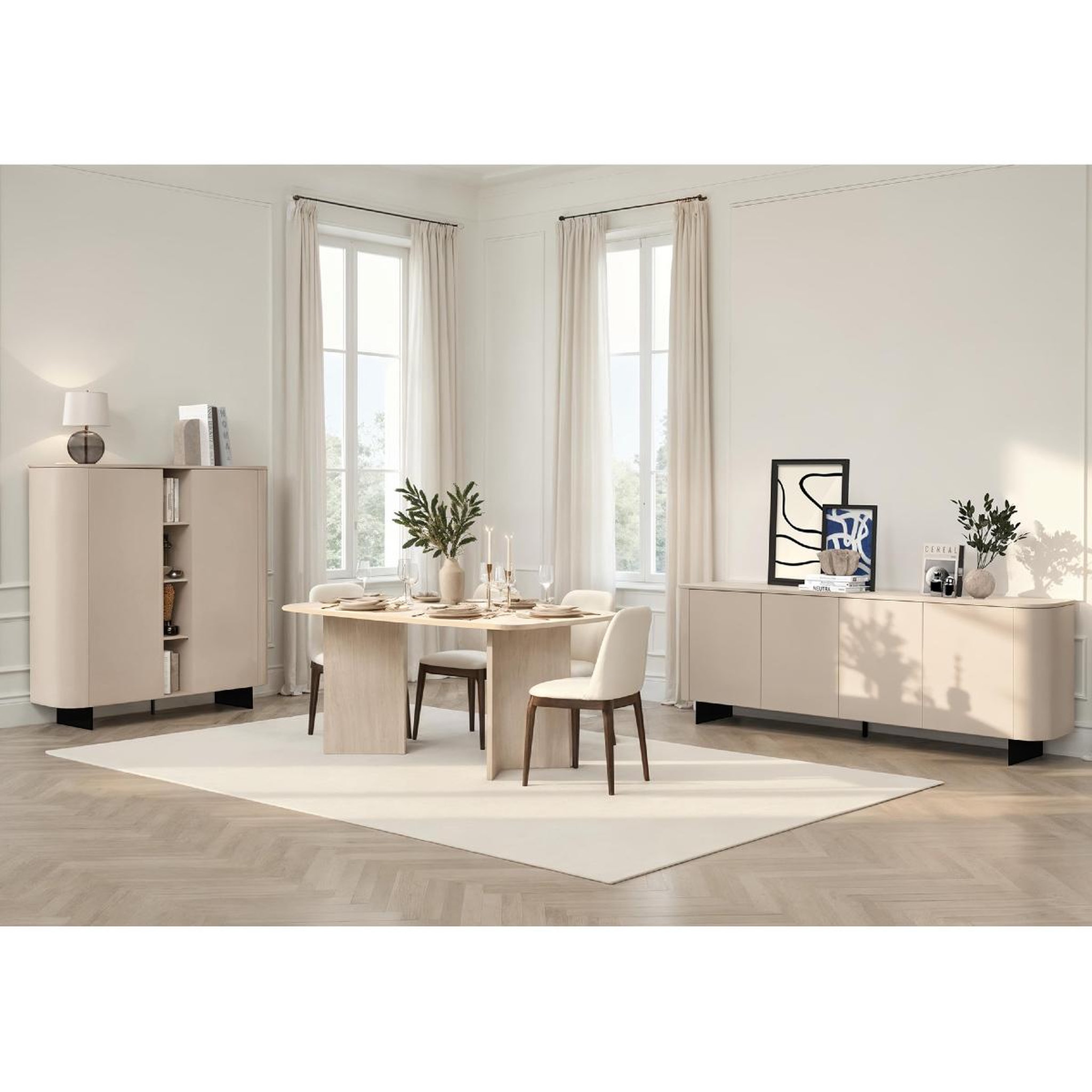 Voir la diapositive 6 : JLC KREATION Buffet 3 portes beige et décor marbre blanc 180cm isabela