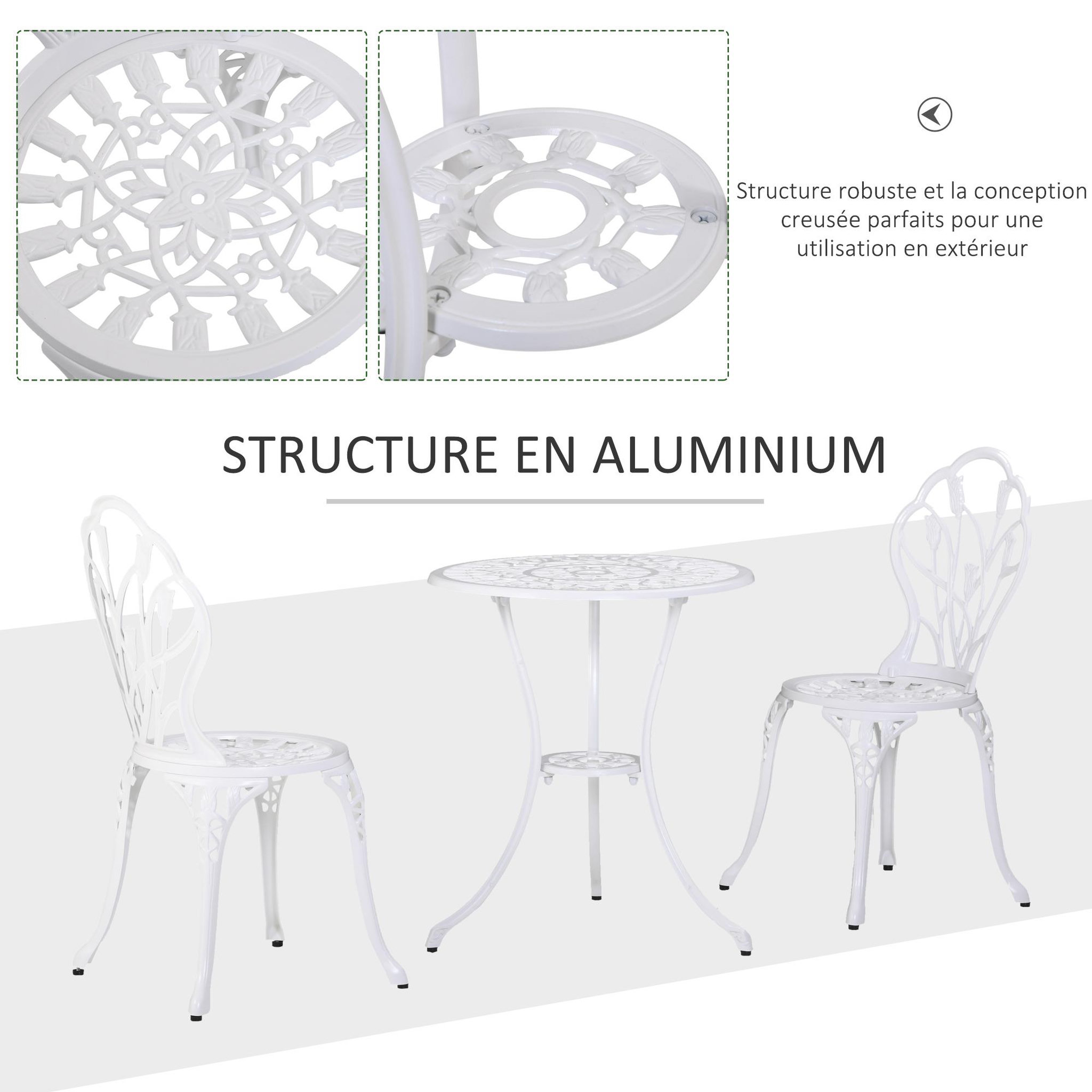 Voir la diapositive 6 : OUTSUNNY Ensemble salon de jardin 2 places 2 chaises + table ronde fonte d'aluminium imitation fer forgé blanc