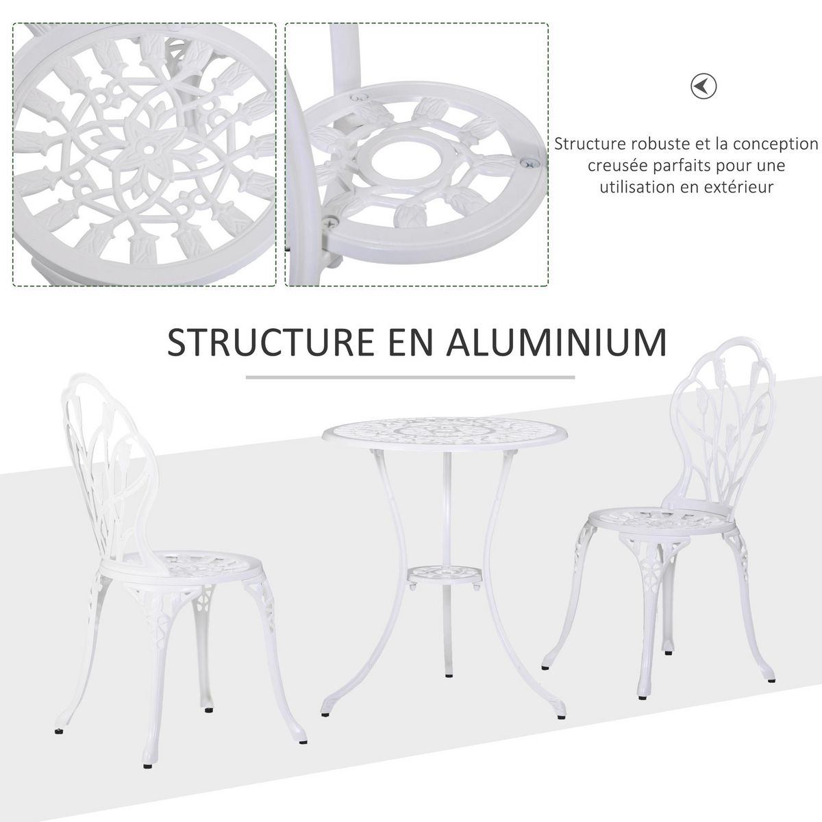 OUTSUNNY Ensemble salon de jardin 2 places 2 chaises + table ronde fonte d'aluminium imitation fer forgé blanc