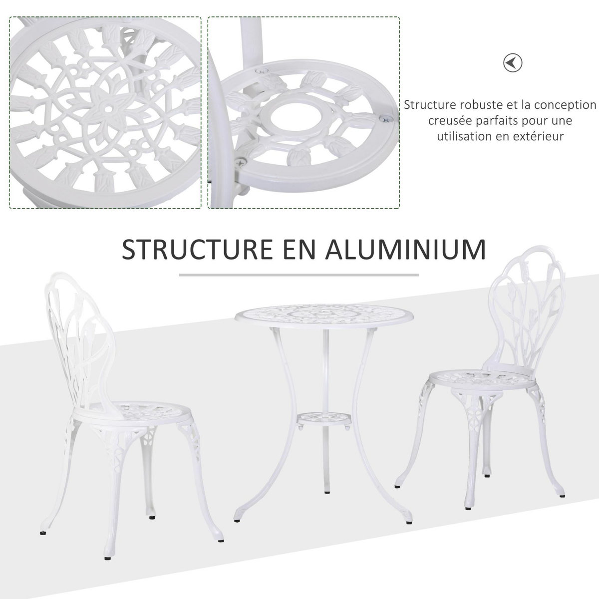OUTSUNNY Ensemble salon de jardin 2 places 2 chaises + table ronde fonte d'aluminium imitation fer forgé blanc