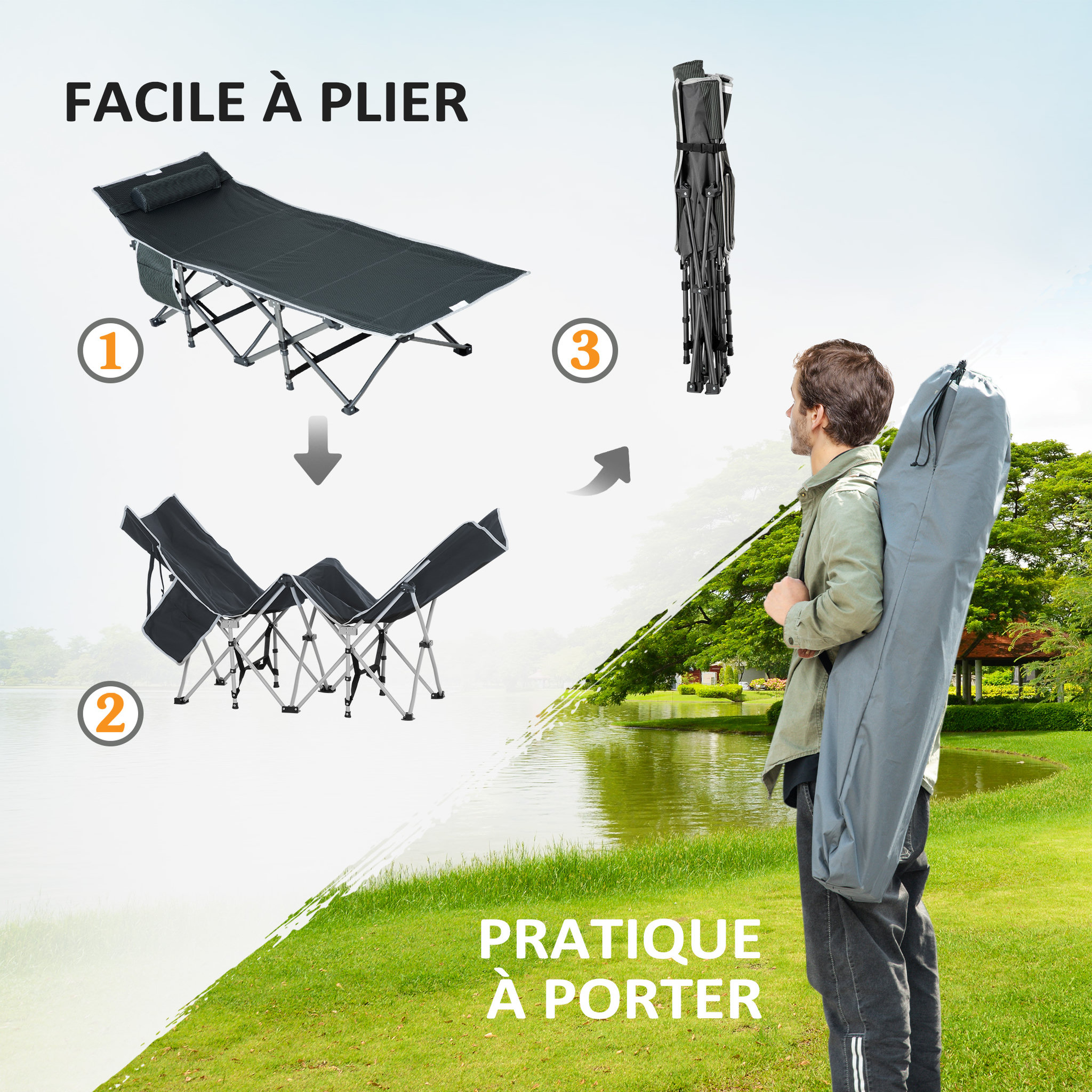 Voir la diapositive 5 : OUTSUNNY Lit de camp lit d'appoint pliable dim. 188L x 64,5l x 53H cm pochette rangement, tétière, sac de transport inclus métal Oxford gris