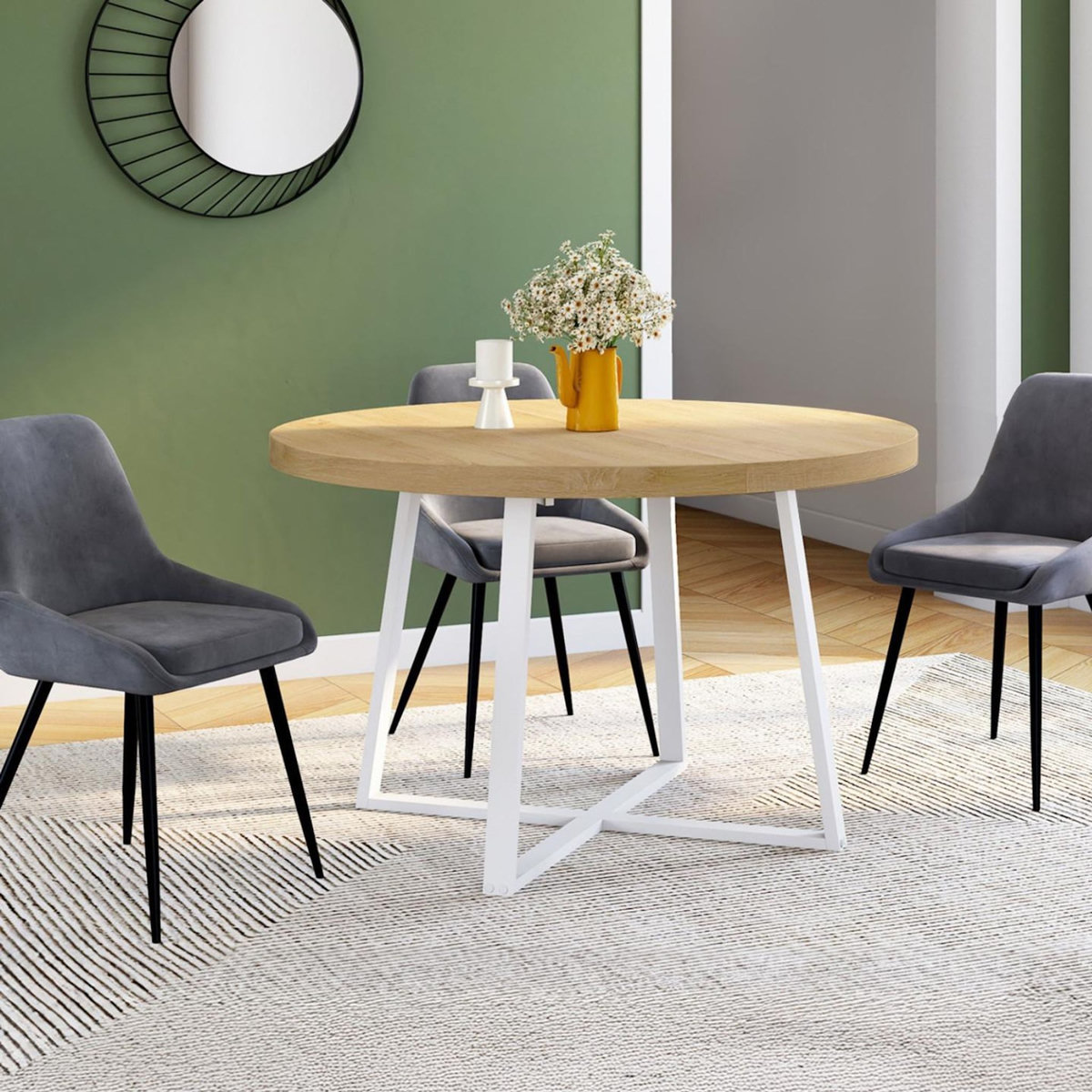 ID MARKET Table à manger extensible ronde SELMA 4-10 personnes bois et blanc 110-200 cm