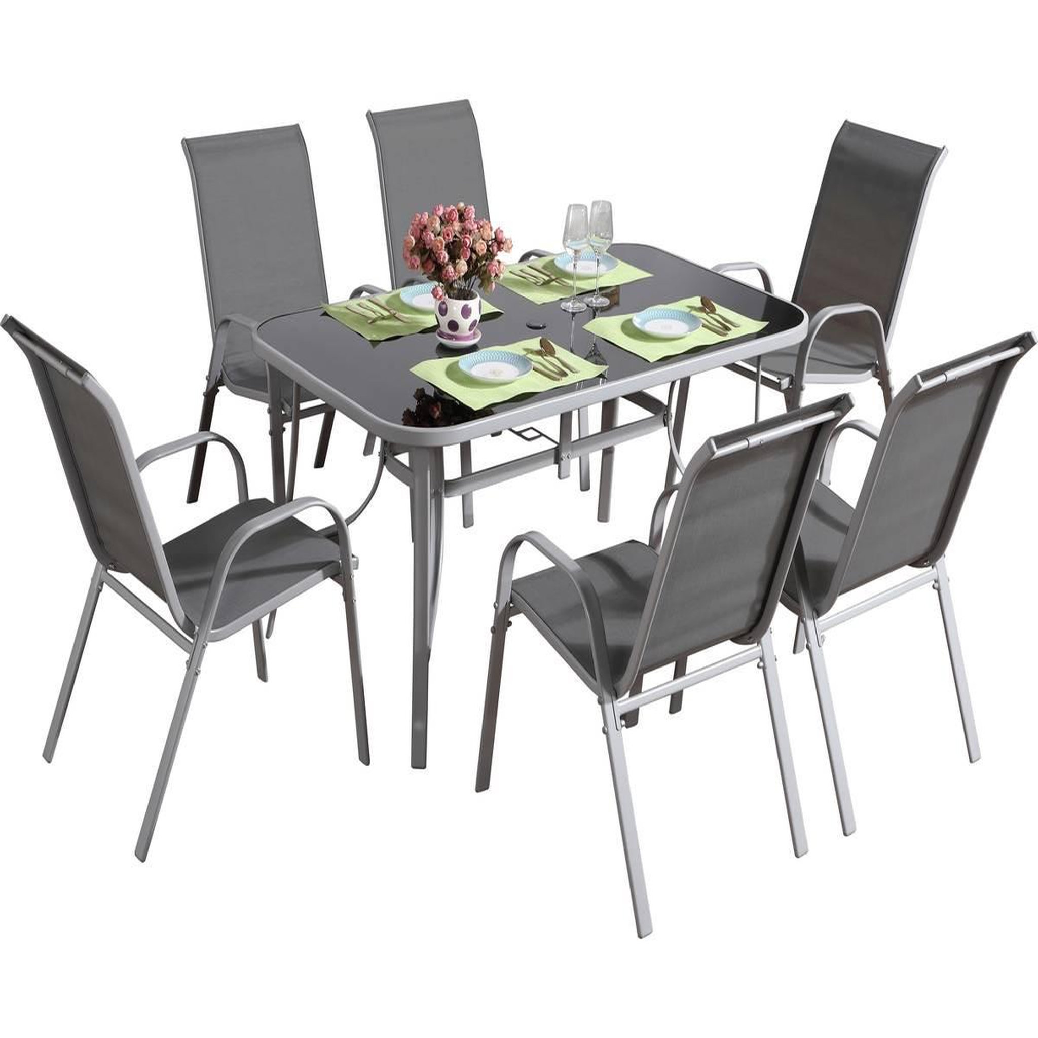 Habitat et Jardin Table et chaises de jardin en textilène  cordoba + porto  6 personnes gris clair