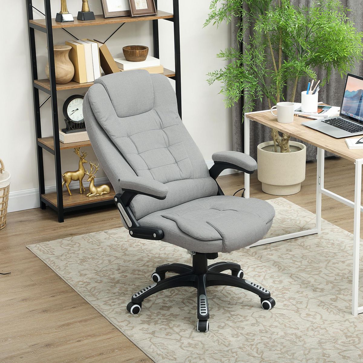 VINSETTO Fauteuil de bureau direction massant chauffant hauteur réglable dossier inclinable toile de lin gris clair